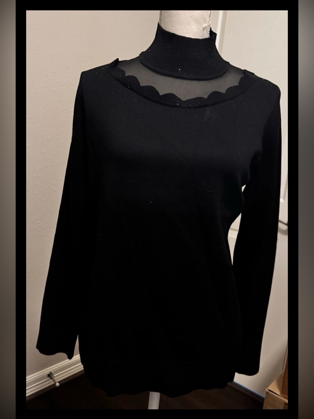 Cable & Gauge Black Solid Mock Neck Sheer Knit Lace Accent Long Sleeve Blouse L
